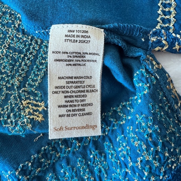 Soft Surrounding Relax Top Turquoise Gold Embroidered Entertaining - Picture 10 of 11